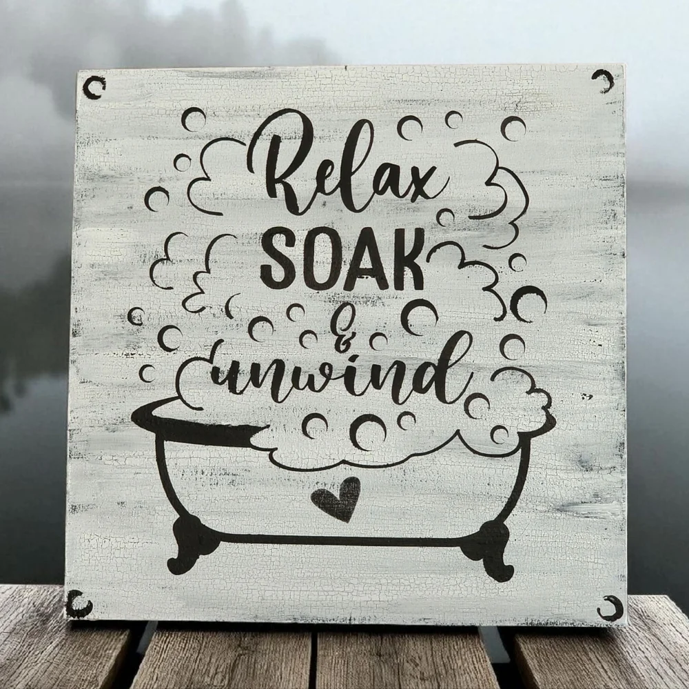 Handpainted Bathroom Sign RELAX SOAK & UNWIND Birch Wood Decor